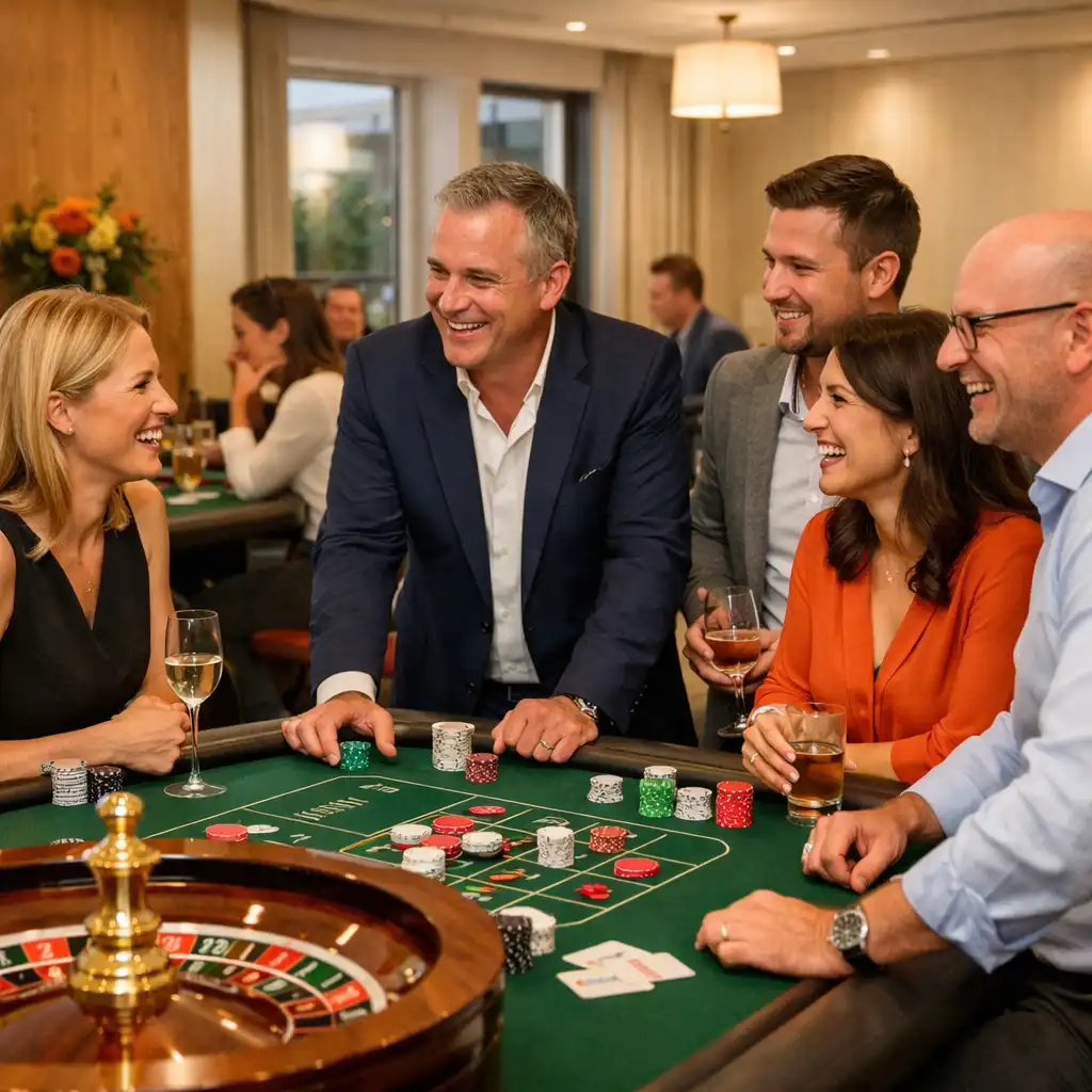 Erwachsene Kolleginnen und Kollegen sprechen an physischen Roulette- und Pokertischen einer hellen Casino Lounge bei einer Firmenfeier