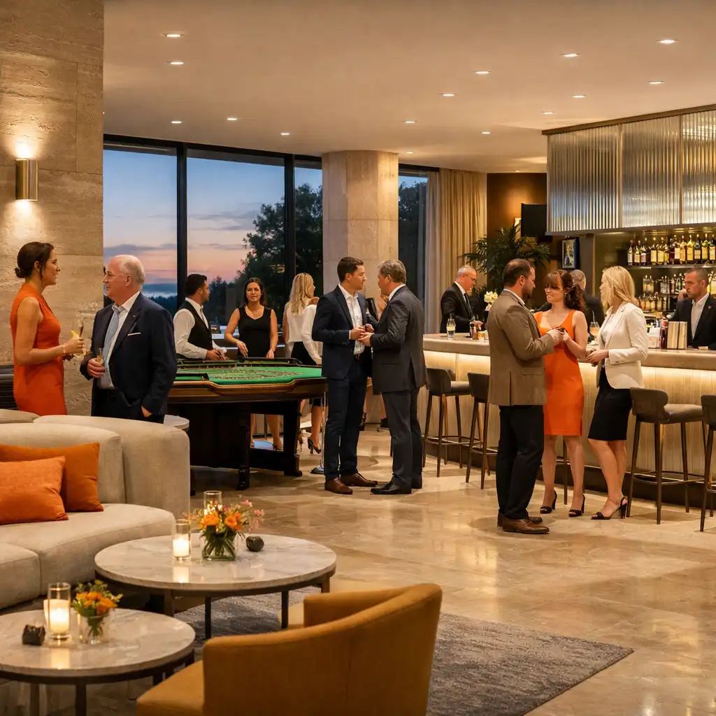 Helle Casino Lounge für einen Empfang mit Gästen zwischen Sitzgruppe, Bartheke und Tischstationen