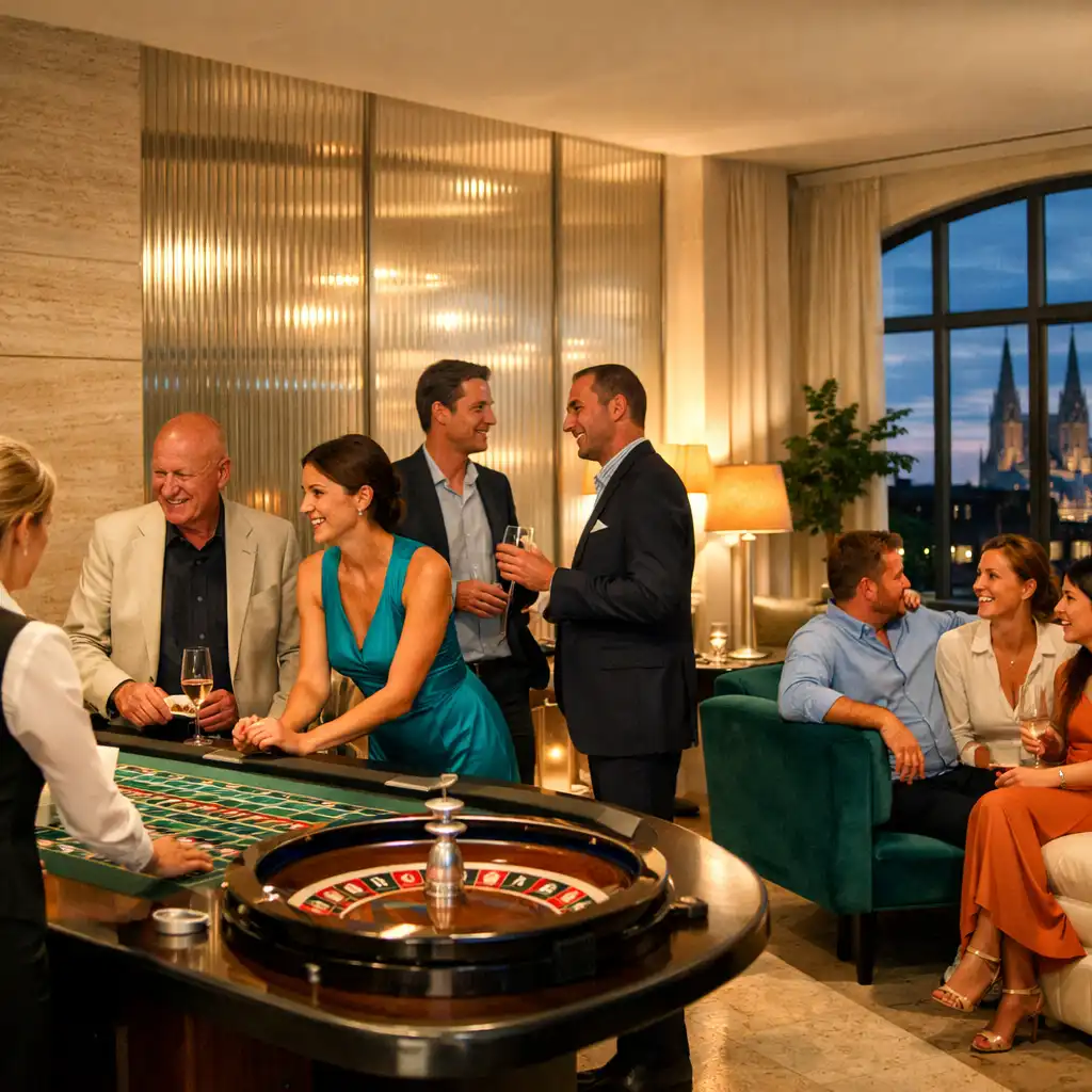 Erwachsene Gäste im Gespräch an einem Roulette-Tisch und in einer hellen Casino Lounge in Köln