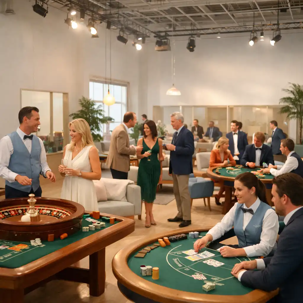 Gäste sprechen in einer hellen Casino Night Lounge mit physischen Roulette-, Blackjack- und Pokertischen