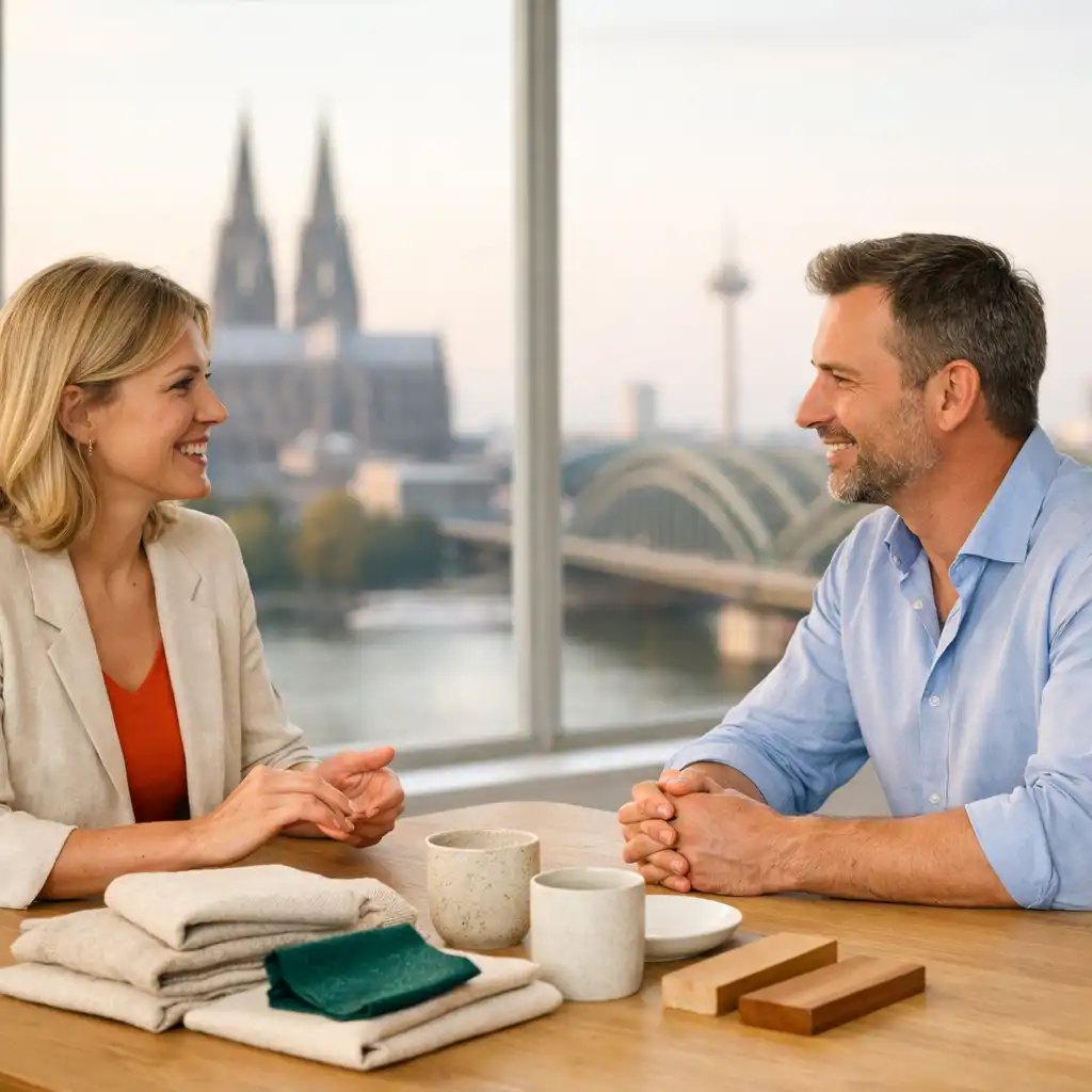 Zwei Personen sprechen bei einem Projektgespräch an einem Tisch mit Materialproben vor einem hellen Fenster