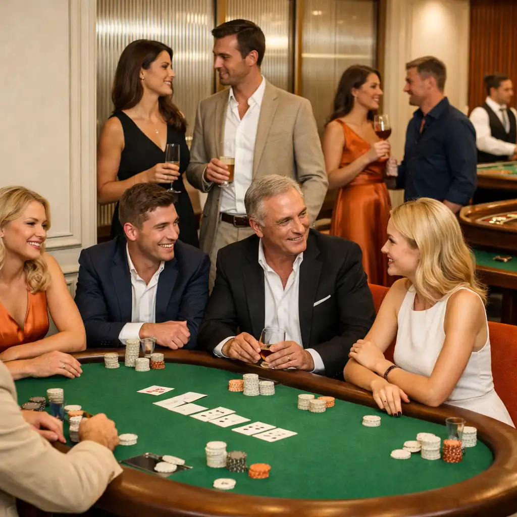 Gäste unterhalten sich an physischen Poker-, Roulette- und Blackjack-Tischen in einer hellen Casino Lounge