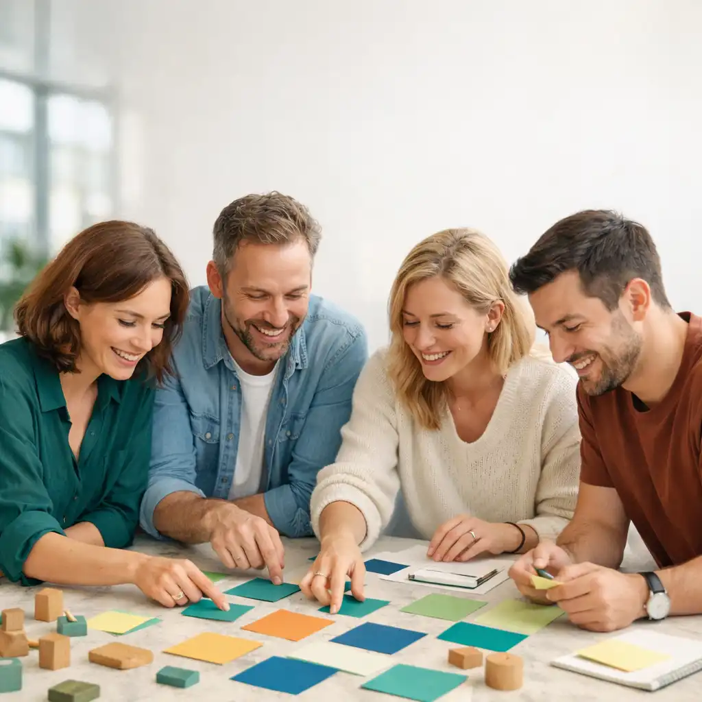 Kolleginnen und Kollegen arbeiten gemeinsam an Materialkarten bei einer Teambuilding-Aktivität