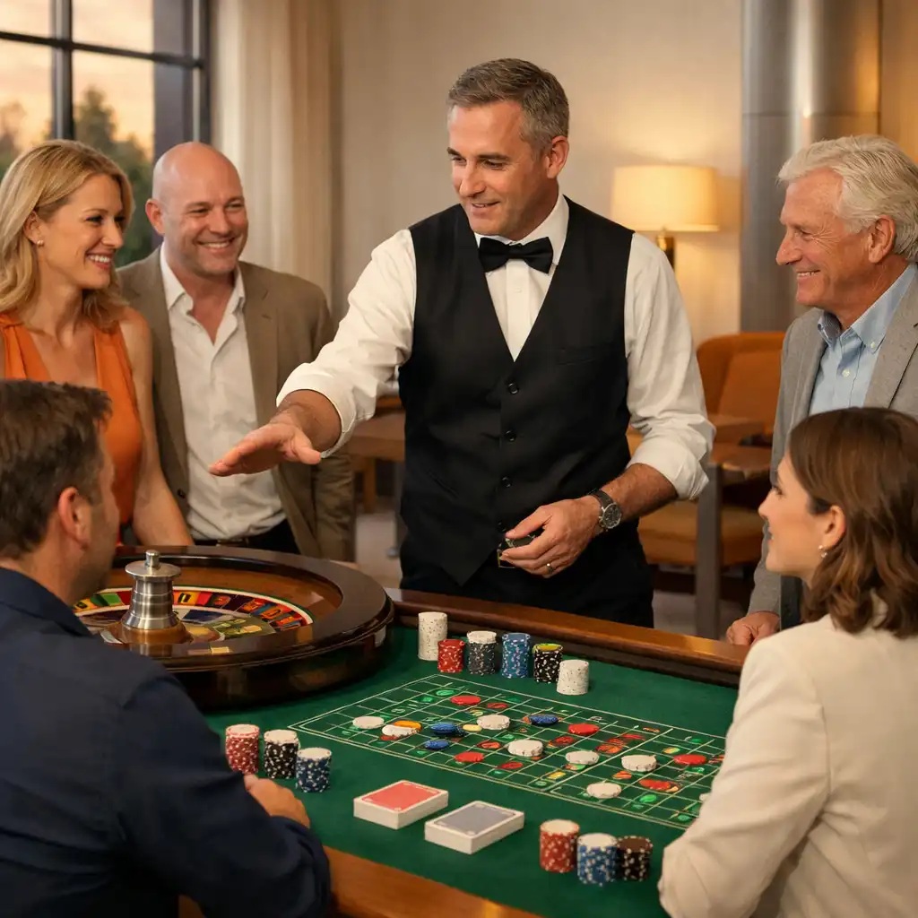 Gäste und eine betreuende Person an einem physischen Roulette-Tisch in einer hellen Casino-Lounge