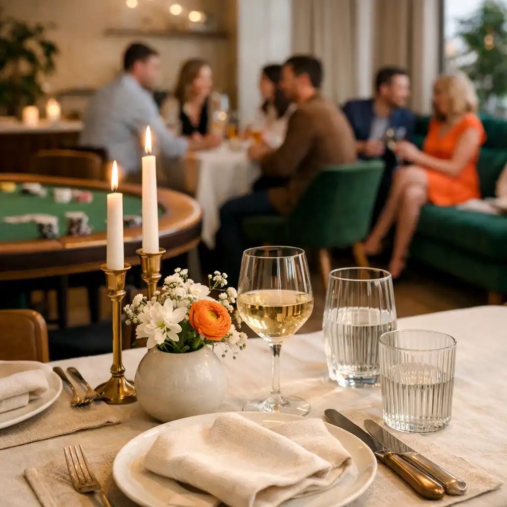Gedeckter Tisch mit Leinen und Keramik vor einer kleinen Lounge mit Gästen in einer hellen Eventlocation
