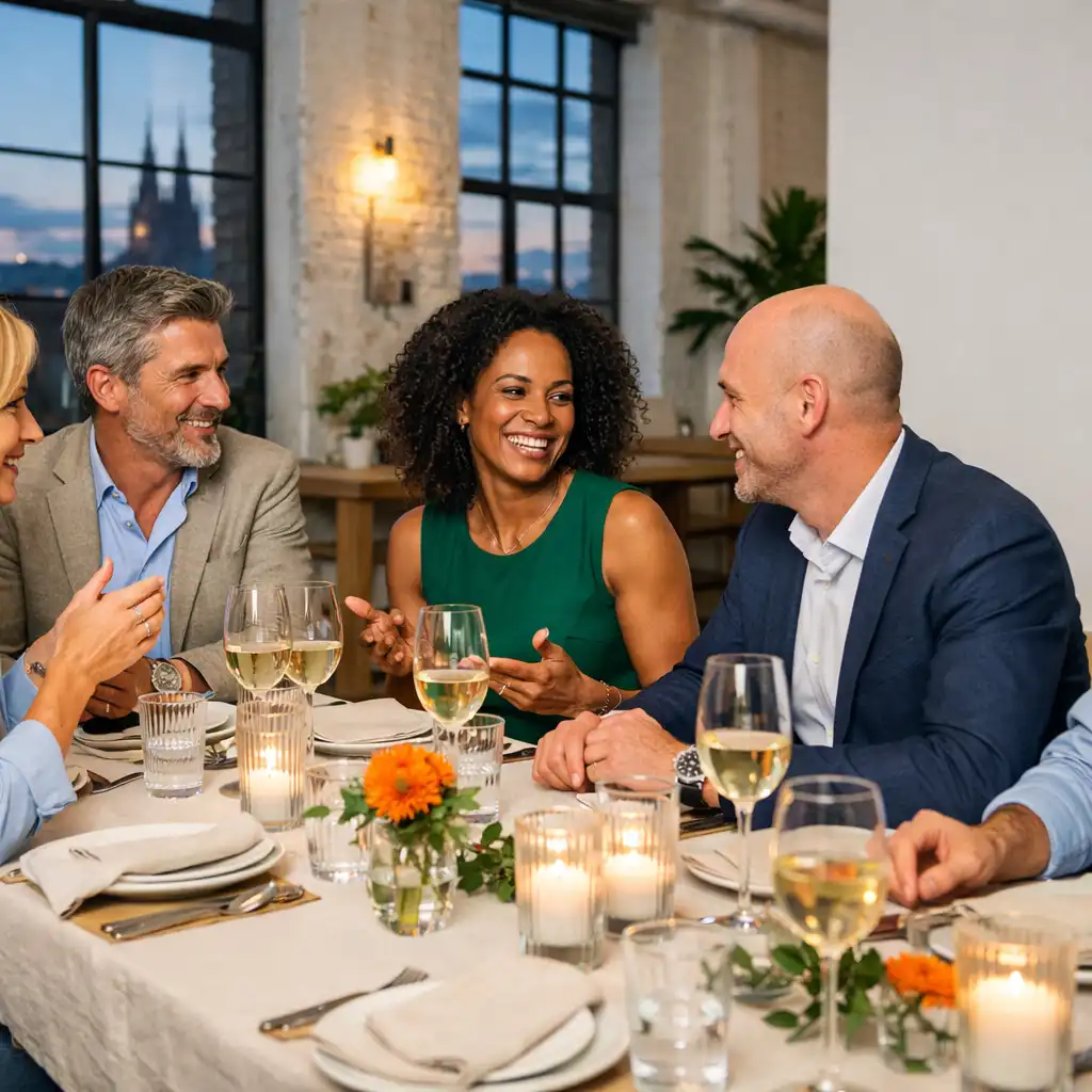 Erwachsene Gäste im Gespräch an einer sorgfältig gedeckten Tafel bei einem hellen Eventabend in Köln