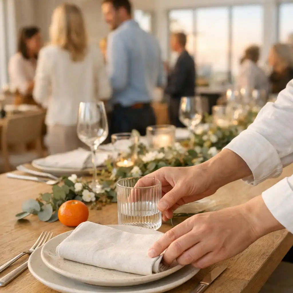 Eine Person bereitet Keramik, Leinen und Gläser auf einem Tisch für ein Firmendinner vor