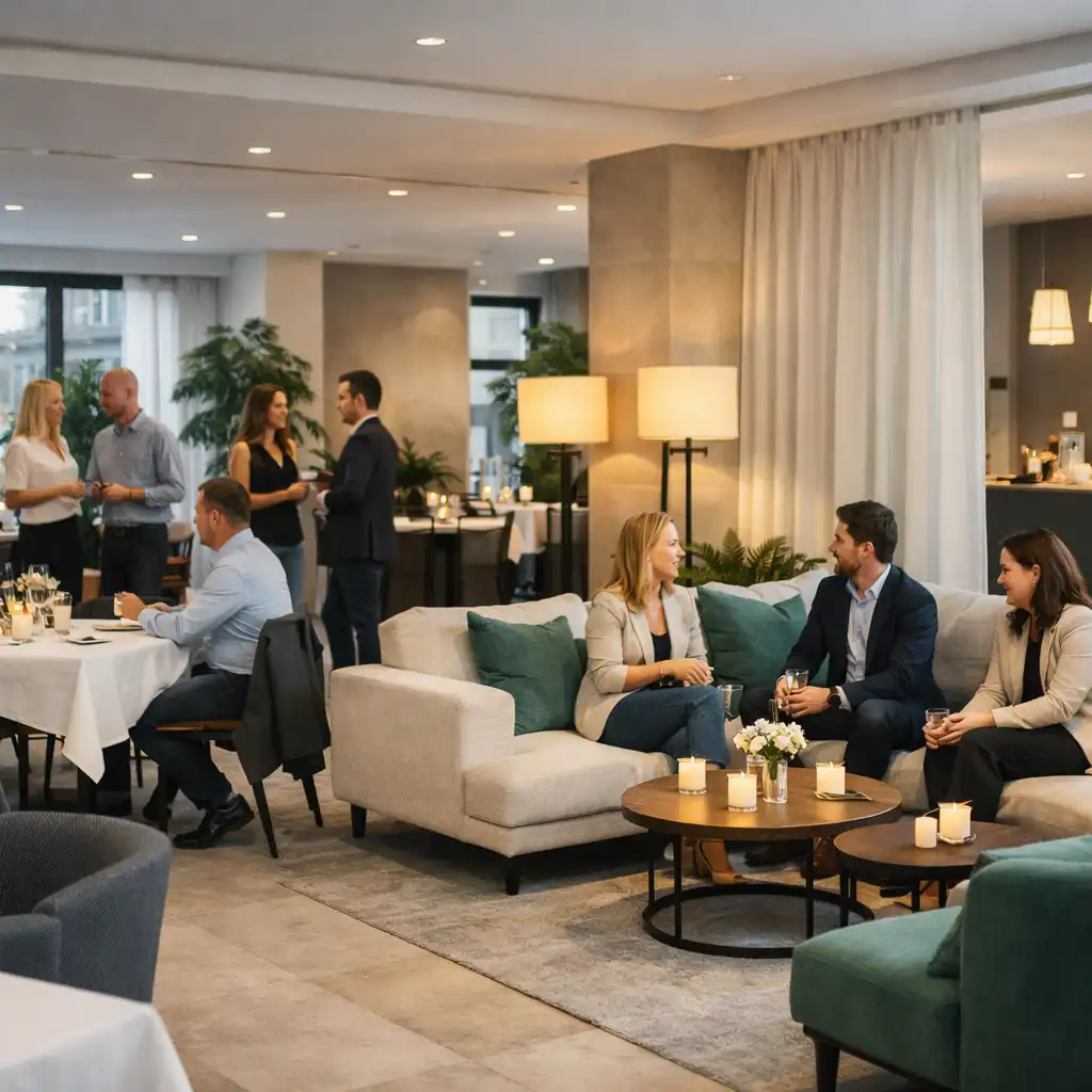 Heller flexibel gestalteter Veranstaltungsraum in Köln mit Tischen, Lounge-Zone und Gästen im Gespräch