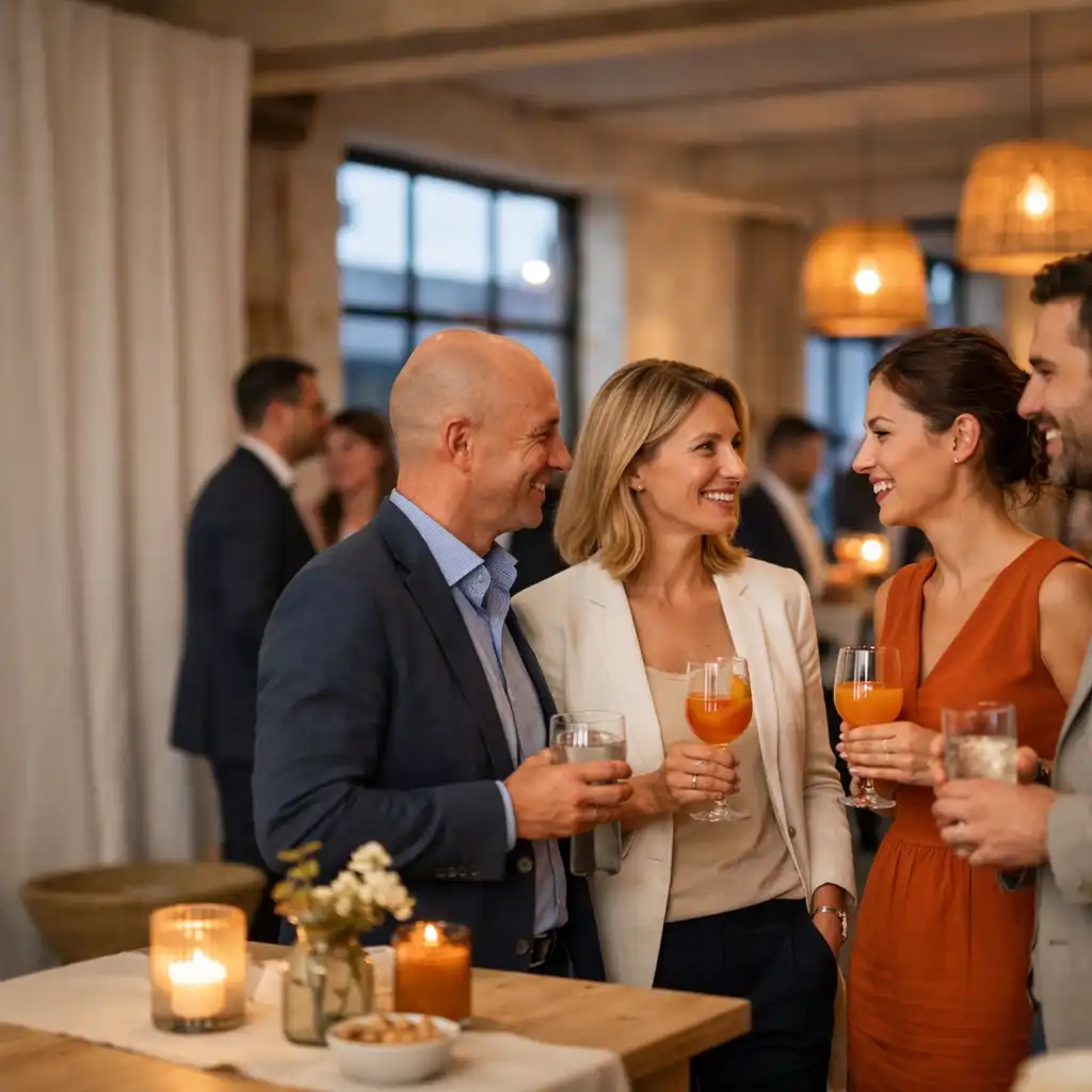 Kolleginnen und Kollegen im Gespräch bei einem hellen Cocktail-Empfang einer Firmenfeier in Köln