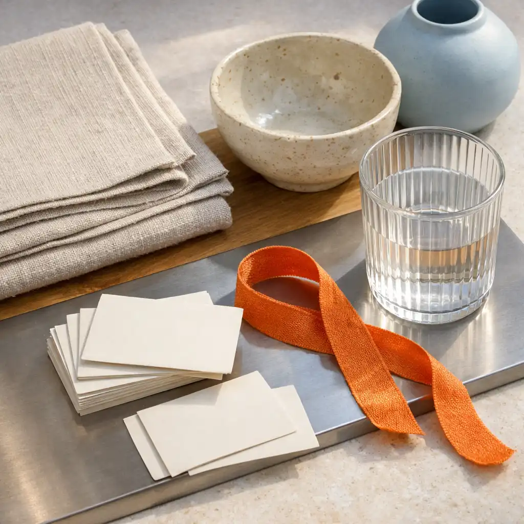 Vorbereiteter Materialtisch mit Leinen, Keramik und geripptem Glas für eine Firmenfeier