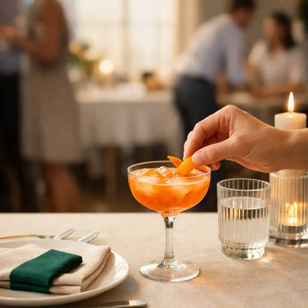 Hand bereitet einen Cocktail neben einem hell gedeckten Dinnerplatz mit Keramik und Glas