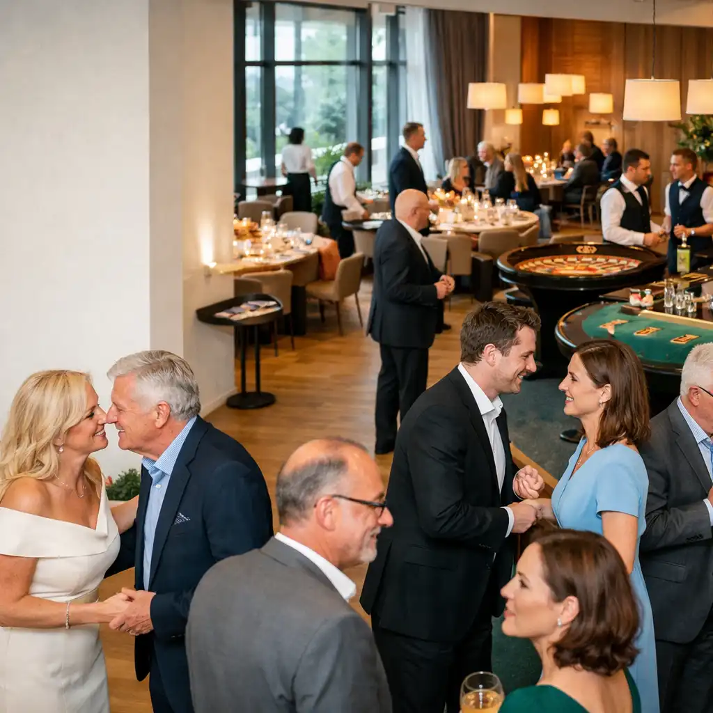 Gäste treffen sich in einer hellen Eventlocation mit Dinnerbereich und physischer Casino Lounge