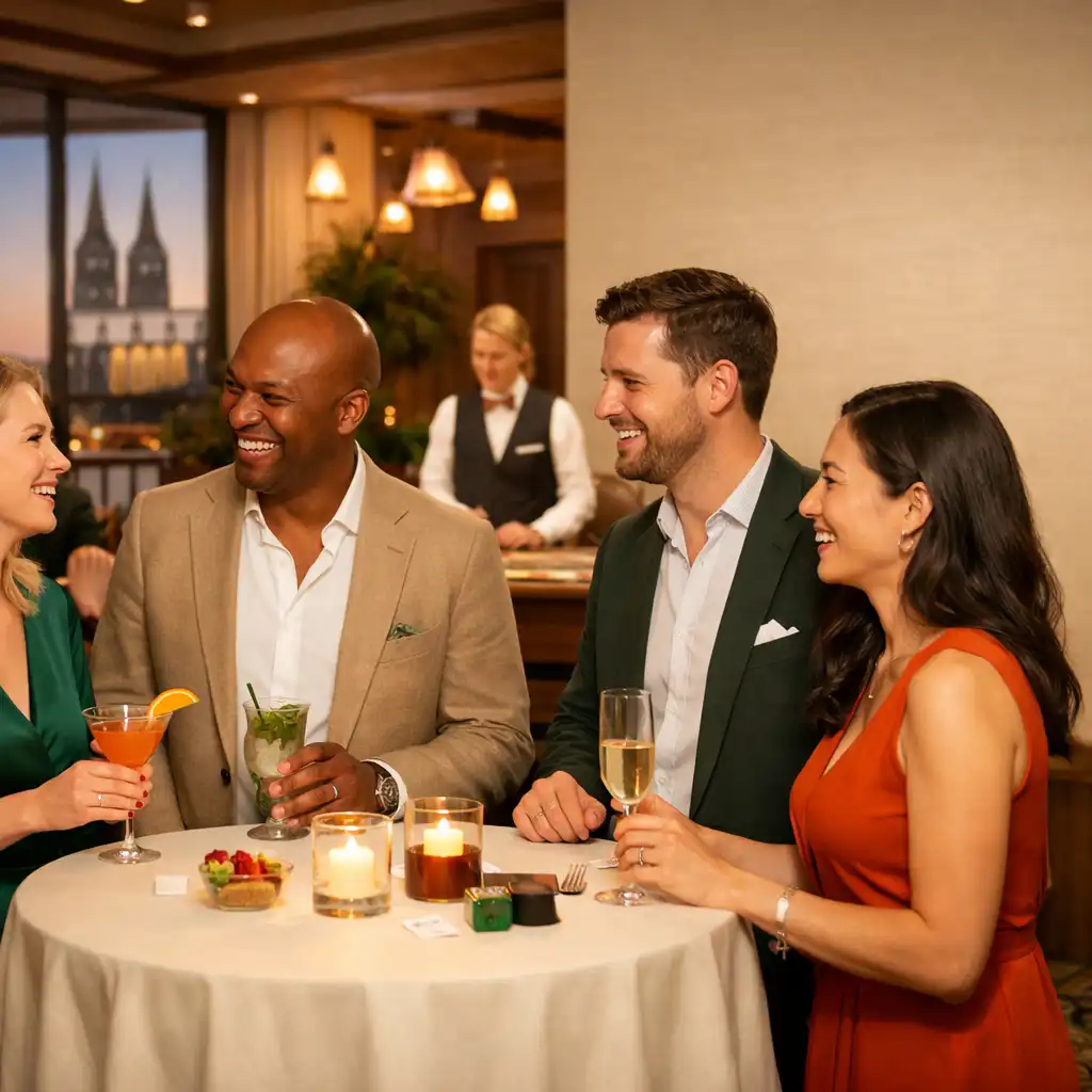 Erwachsene Gäste im Gespräch bei einem hellen Event mit eleganten Tischen und Casino-Lounge-Elementen im Hintergrund