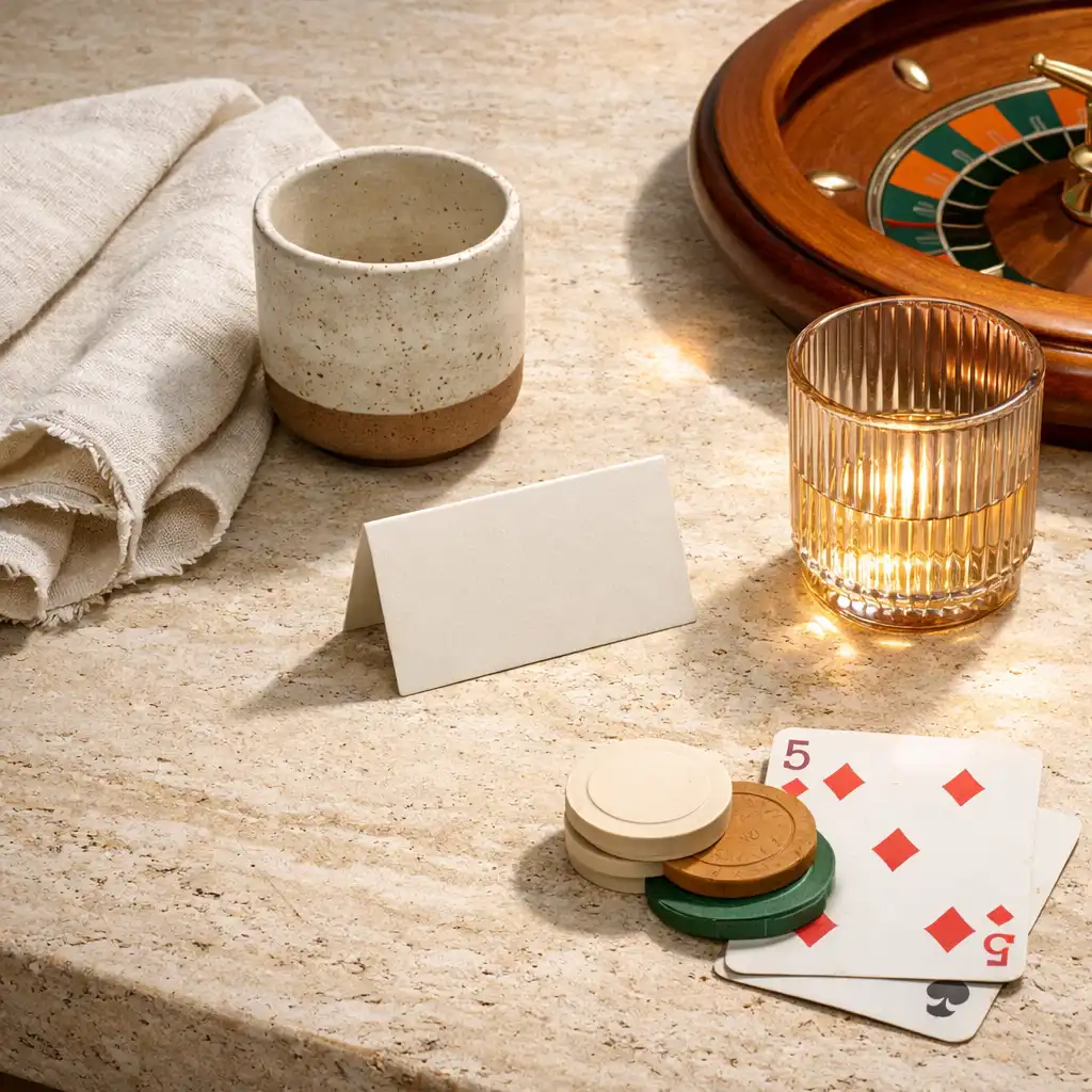 Materialdetail auf einer hellen Arbeitsfläche mit Leinen, Keramik, Glasprobe, neutralen Chips und Spielkarten als Eventzubehör