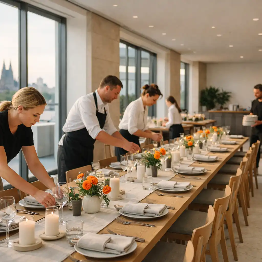 Team bereitet einen hellen Dinnerbereich mit Naturmaterialien in einer urbanen Kölner Eventlocation vor