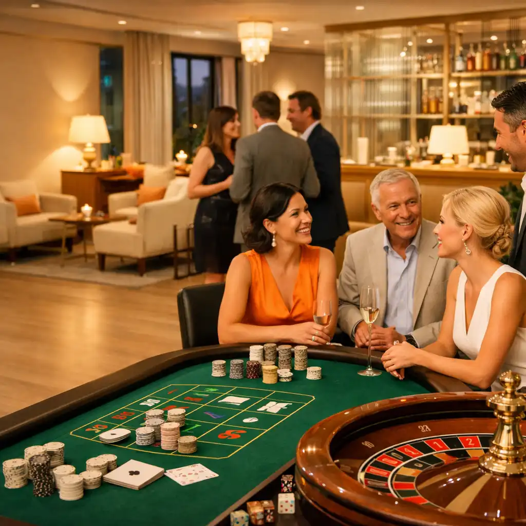 Erwachsene Gäste unterhalten sich an einem physischen Roulette-Tisch und in einer hellen Casino Lounge bei einem privaten Event in Köln.