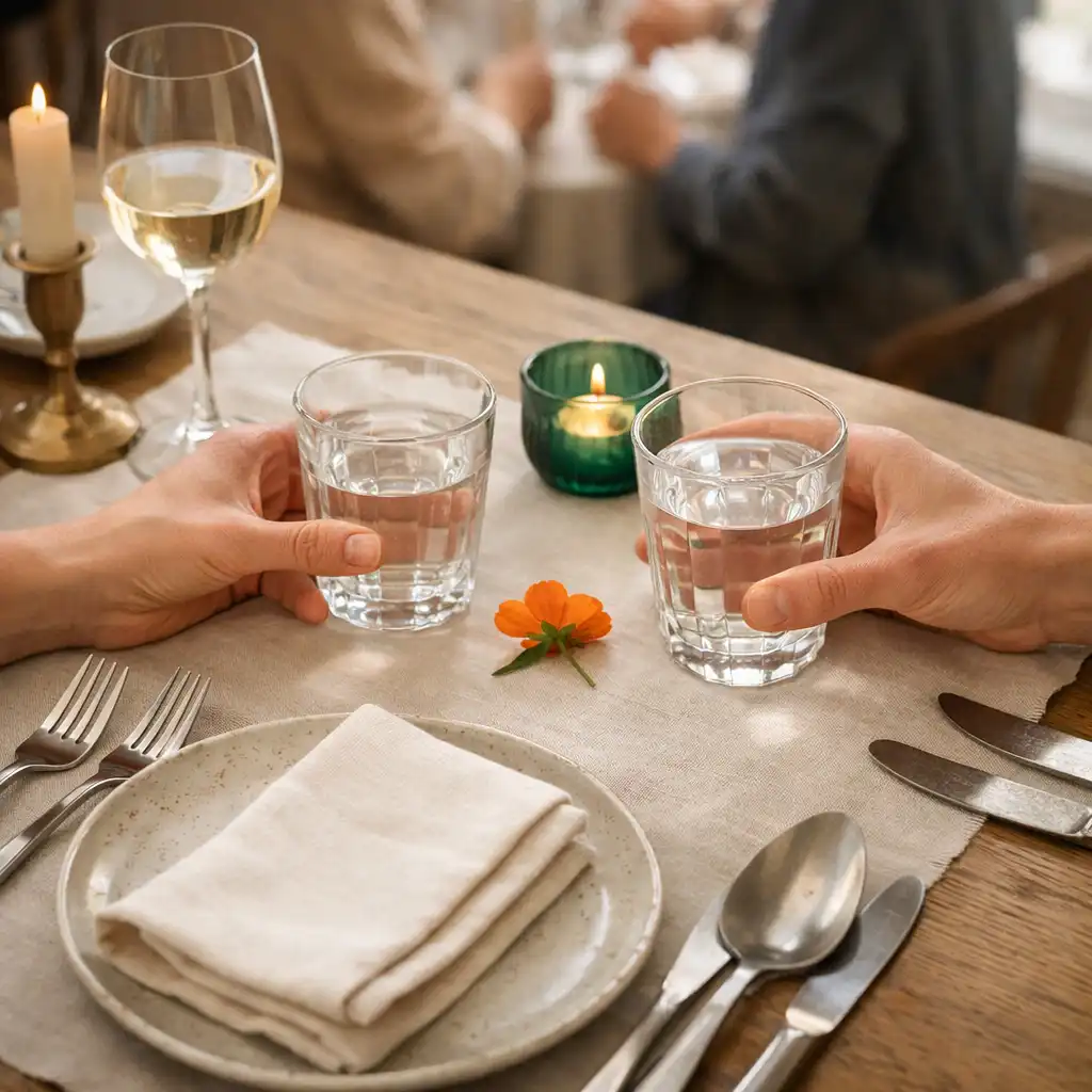 Hände zweier Gäste greifen bei einem privaten Dinner über Leinen, Keramik und Gläser nach Wassergläsern.