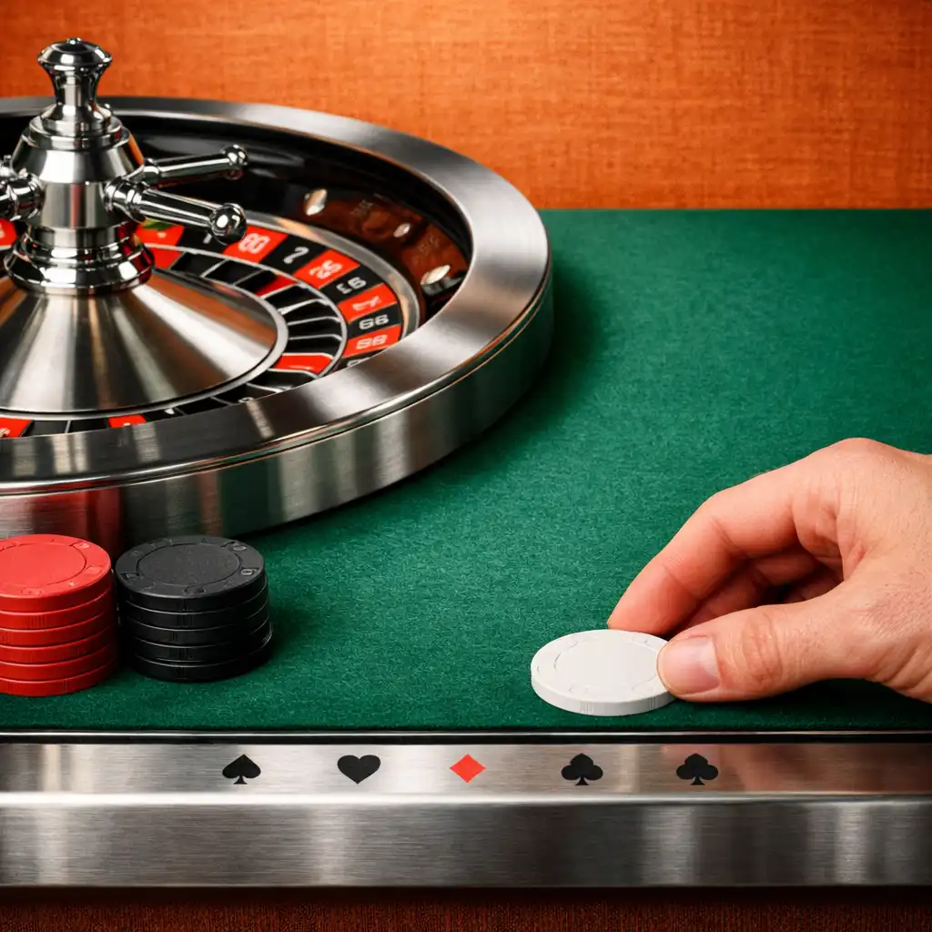 Detail eines physischen Roulette-Tischs mit smaragdgrünem Filz, Chips und einer Hand