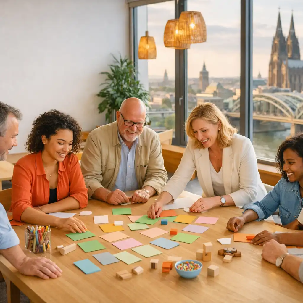 Team an einem langen Holztisch in einer hellen Eventlocation bei einer gemeinsamen analogen Planung