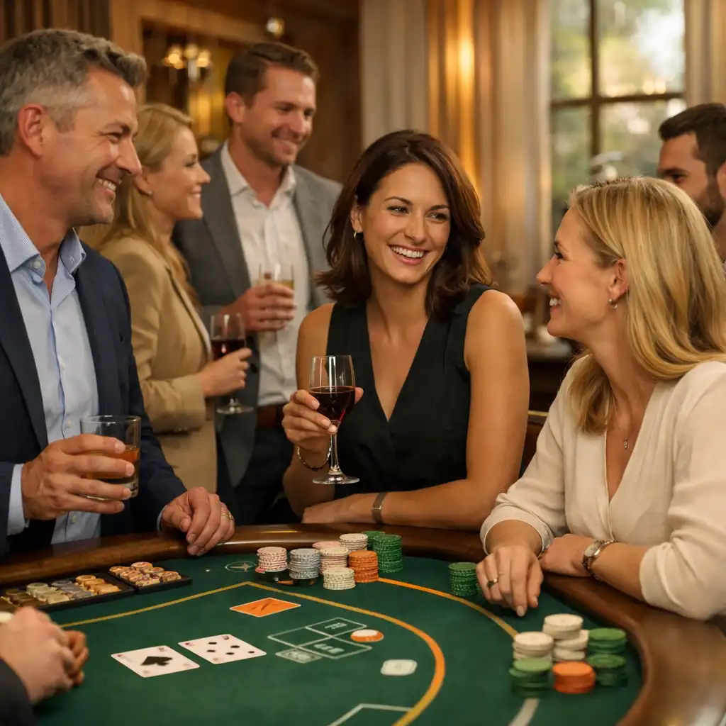 Erwachsene unterhalten sich an einem physischen Roulette- oder Blackjack-Tisch in einer hellen Casino-Lounge