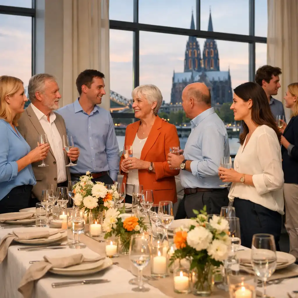 Kolleginnen und Kollegen sprechen während eines Teamempfangs an einer gedeckten langen Tafel