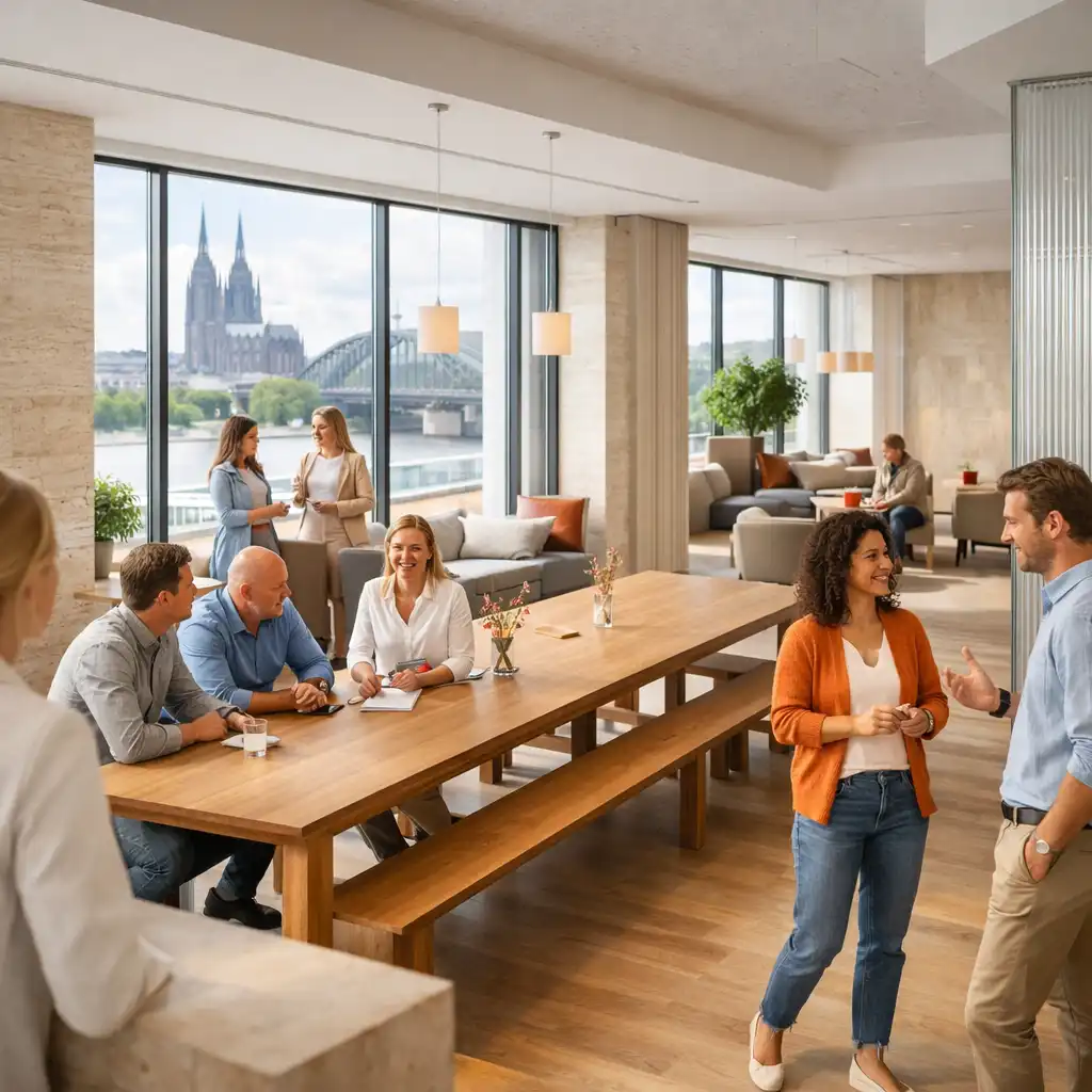 Kleines Team bewegt sich zwischen Holztischen und offenen Gesprächszonen in einer hellen urbanen Eventlocation