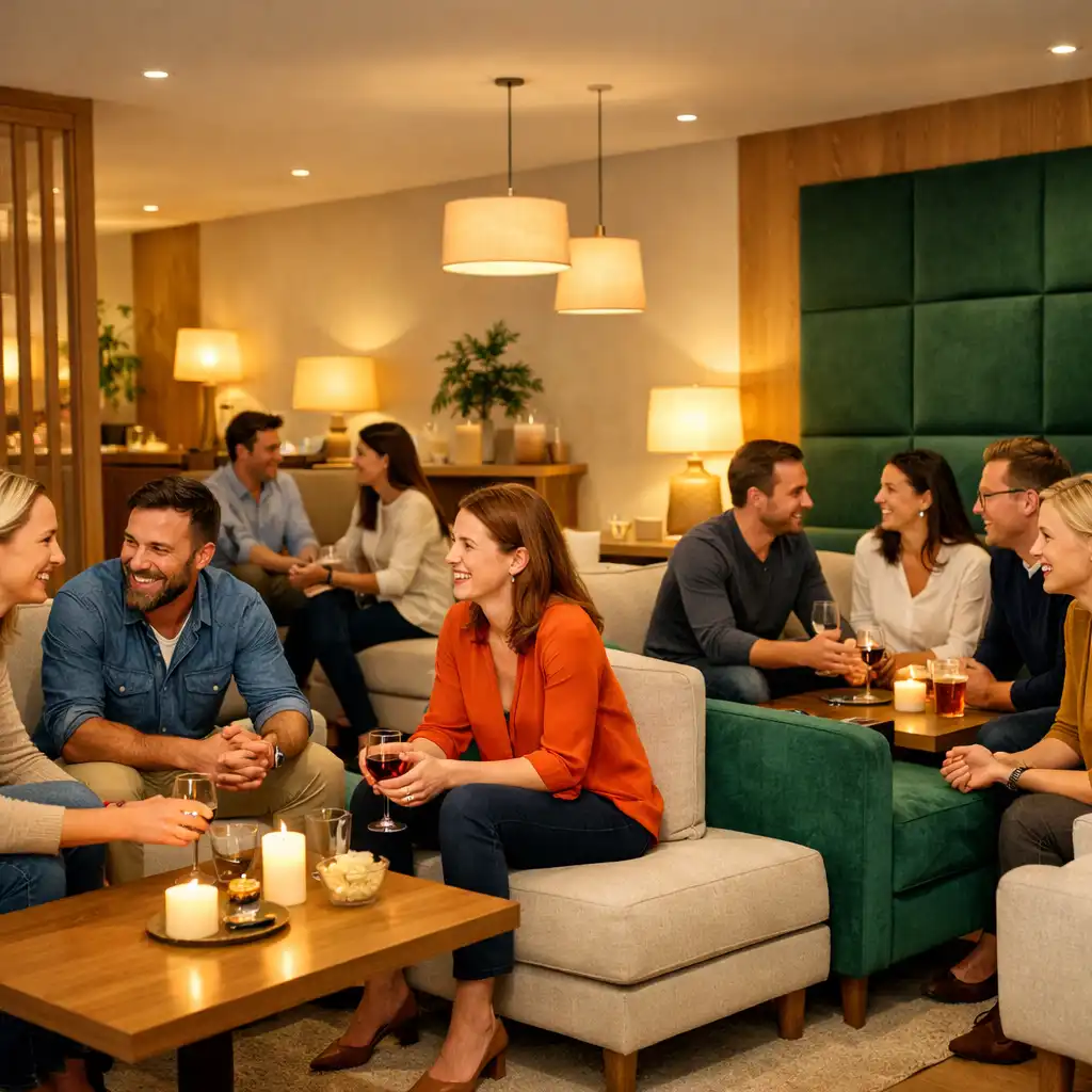 Kleine Gruppen unterhalten sich entspannt in einer hellen Team-Lounge mit textilen Sitzmöbeln